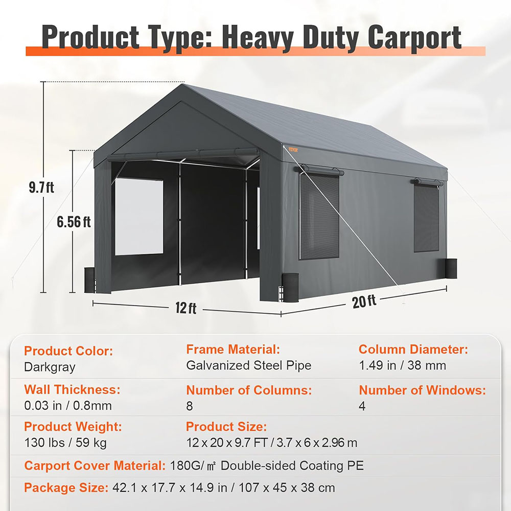 VEVOR Carport 12'x20' Heavy Duty Portable Garage, Upgraded Extra Large Car Canopy