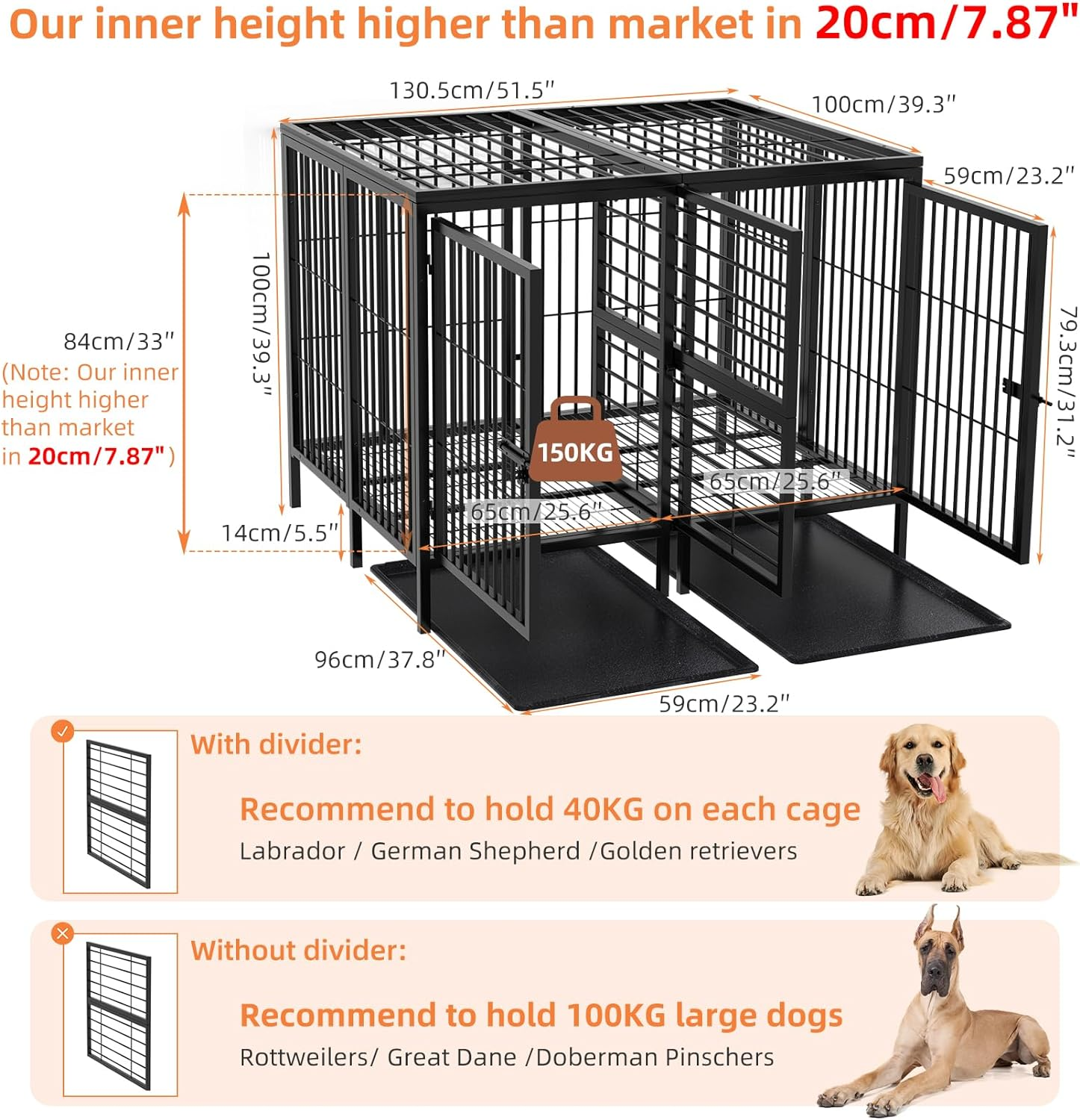 52 Inch Extra Large Huge Metal Pet Cage with Removable Divider Panel - Indoor Higher Inner Space Doggy Playpen Kennel with Two Doors and Trays for Small Medium Large Dogs