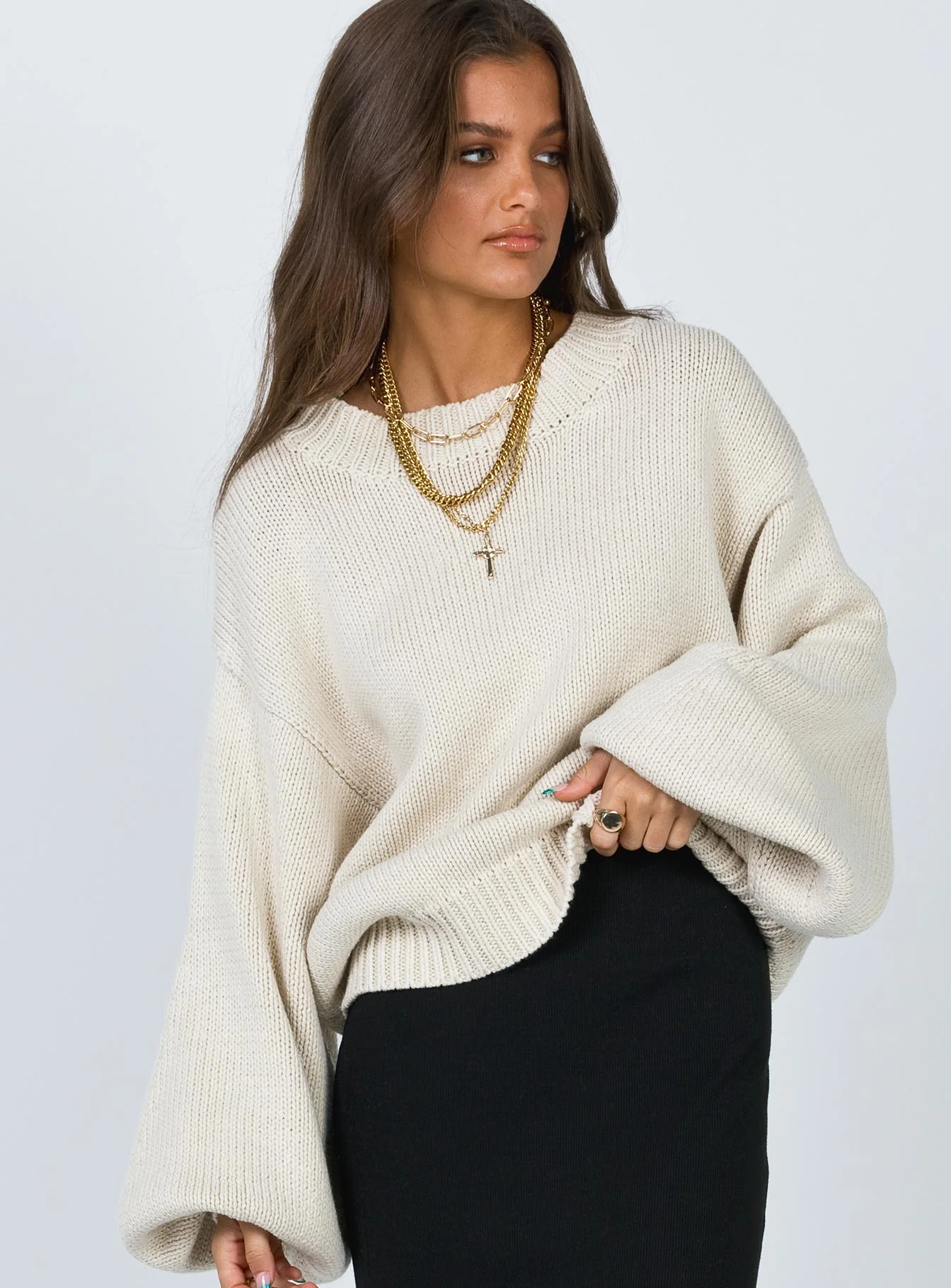 Harmony Balloon Sleeve Knit Sweater Beige