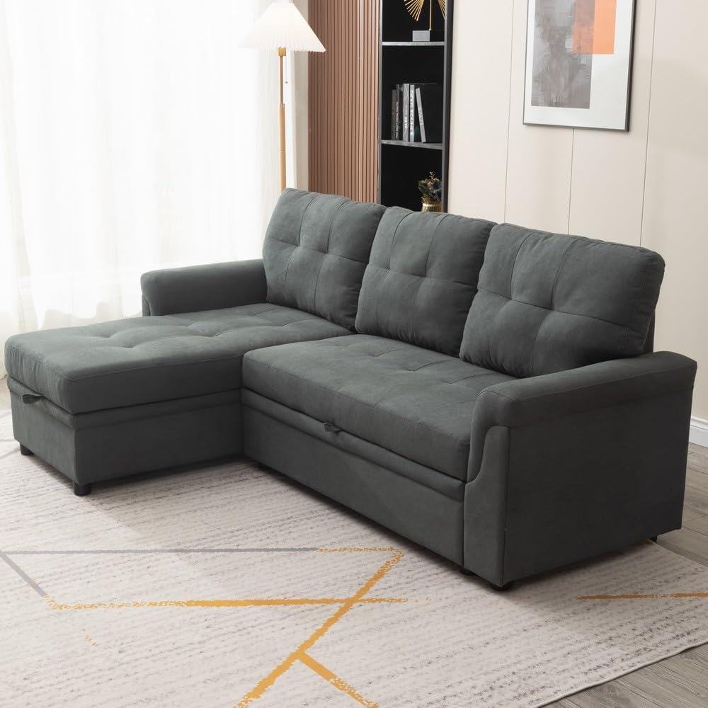 Panana 3 Seater Universal Sofa Bed Corner - Linen or Black Leather-Like Fabric Sofa Bed with Storage & Reversible Chaise (Grey Linen Fabric)