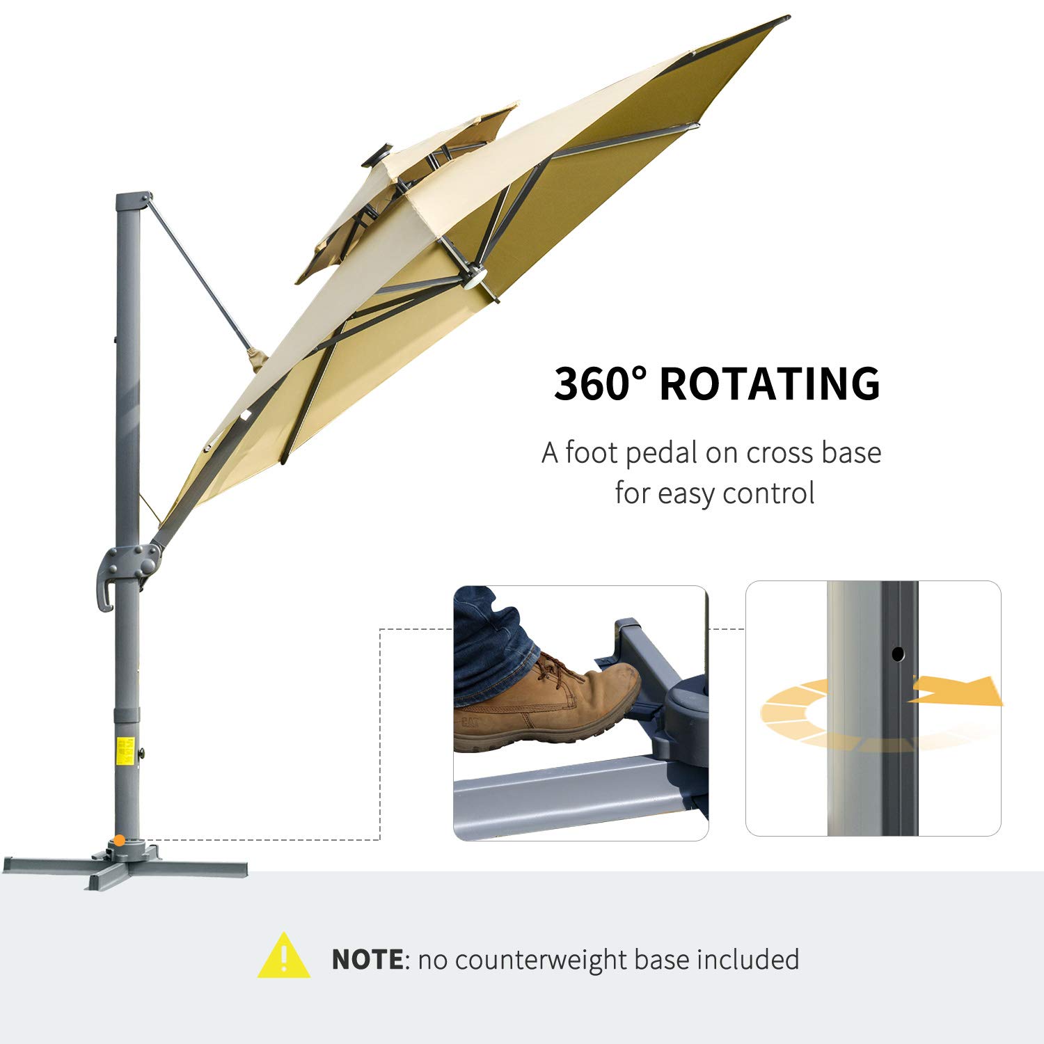 Outsunny 3(m) Cantilever Roma Parasol with LED Solar Lights, Crank & Tilt, Aluminium Frame, Cross Base and Adjustable Canopy 360° Rotating Sun Umbrella with 2-Tier Shade