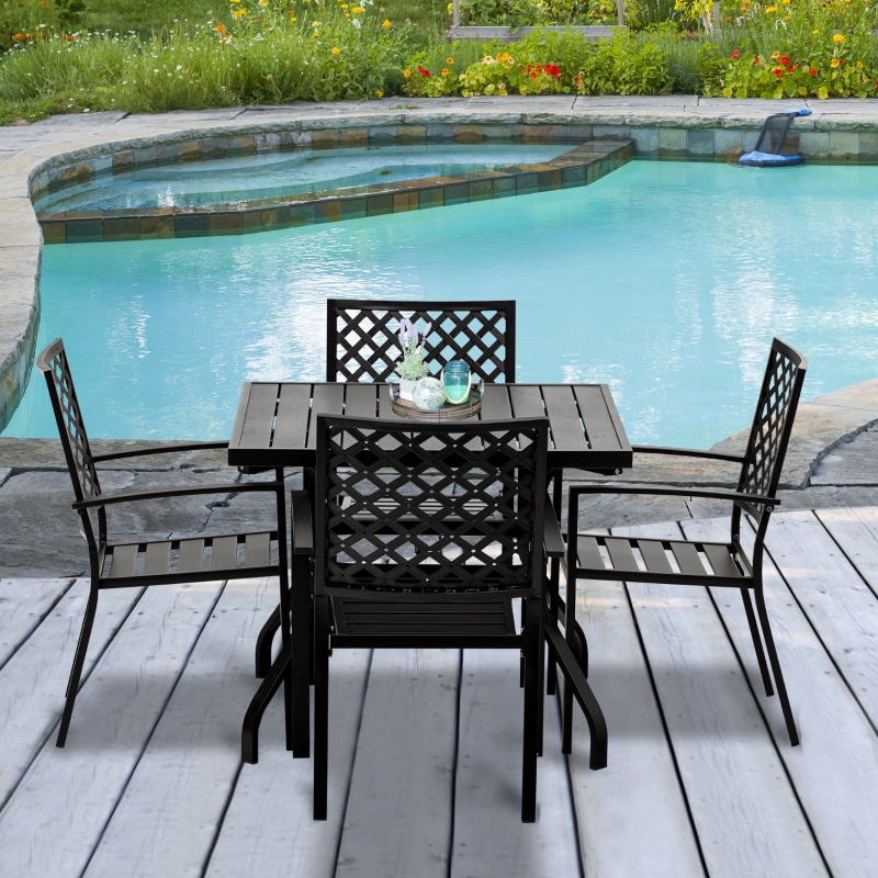【Furniture】【BS】 5 PCs Outdoor Patio Dinning Set for 4 People with Table Modern Stylish Chair Metal Frame, Black