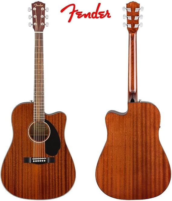 Fender CD-60SCE Solid Top Dreadnought Acoustic-Electric Guitar - All Mahogany Bundle with Hard Case, Instrument Cable, Tuner, Strap, Strings, Picks, Instructional DVD, and Polishing Cloth