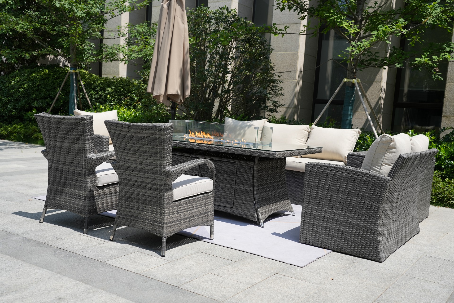 Wicker Patio Gray Wicker Conversational Seating Set with Rectangular Glass Fire Pit Table and Back Chair (Patio Set Option)