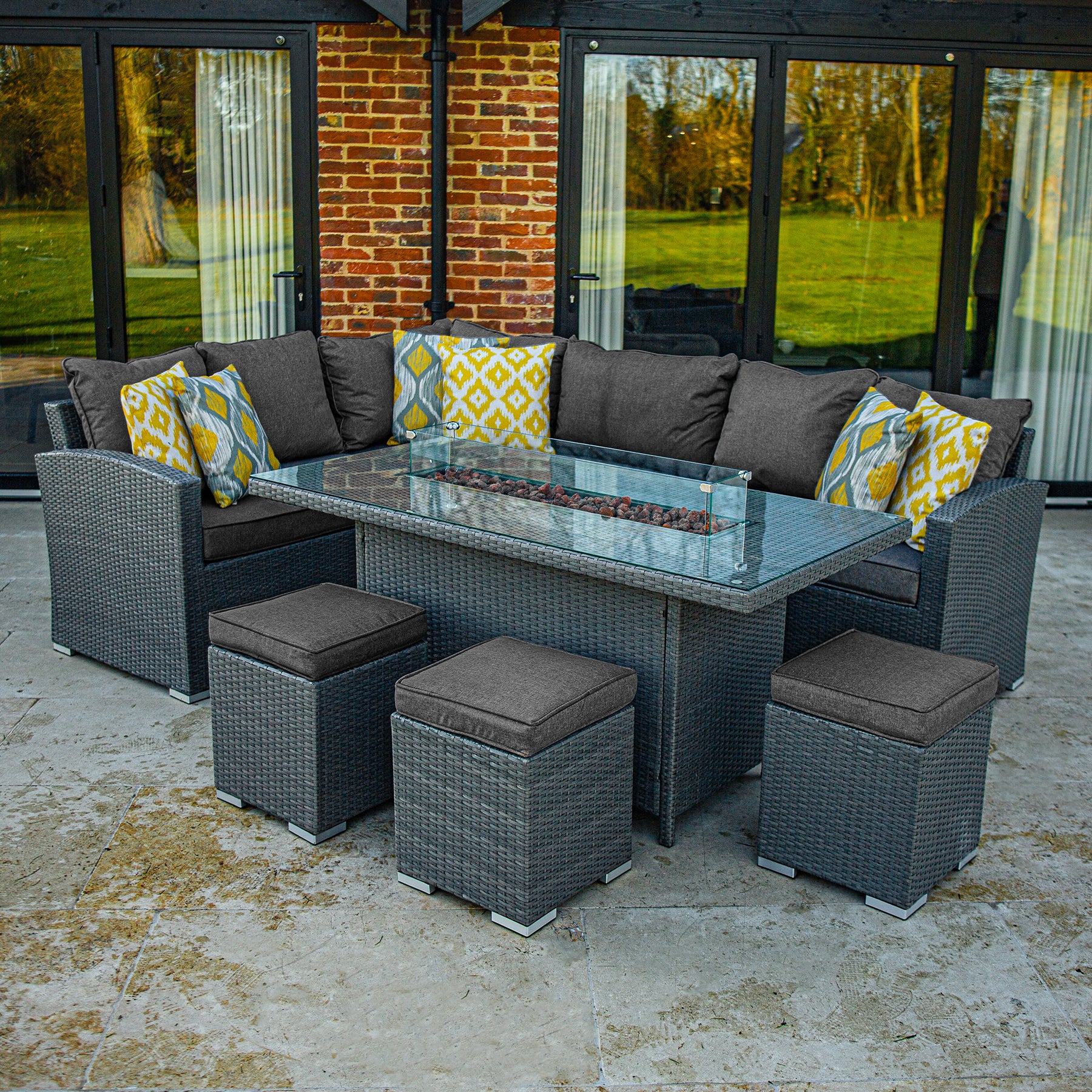 Bracken Outdoors Dakota Casual Dining Rectangular Corner Sofa Set with Firepit Table