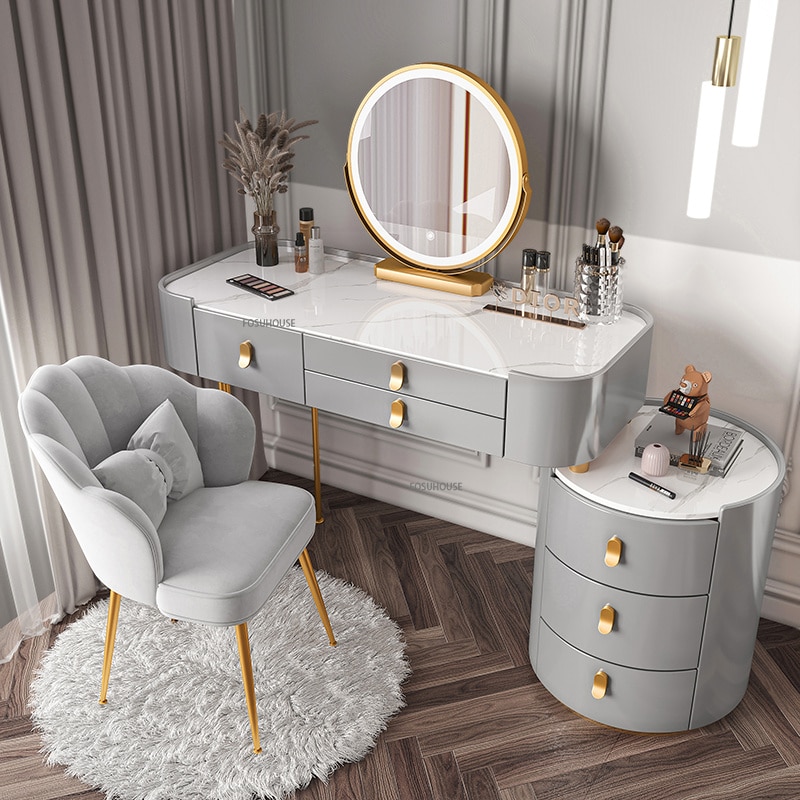 【Furniture】【BS】Nordic Dressing Table with Mirror, Stool & 3 Light Effect LED Mirrors, Golden Iron Dresser