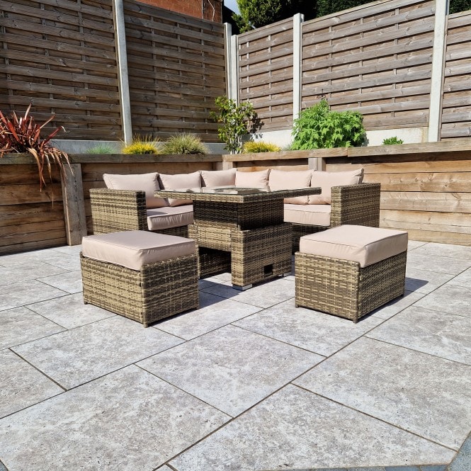 Georgia Nature Brown Corner Sofa with 2 Ottomans and Dining Table with Ice Bucket genannt