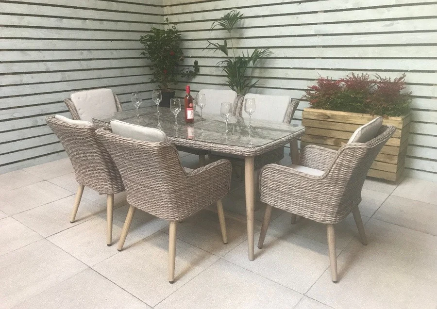 Rattan 6 Seat Rectangular Dining Set - Light Grey - Derwent Range